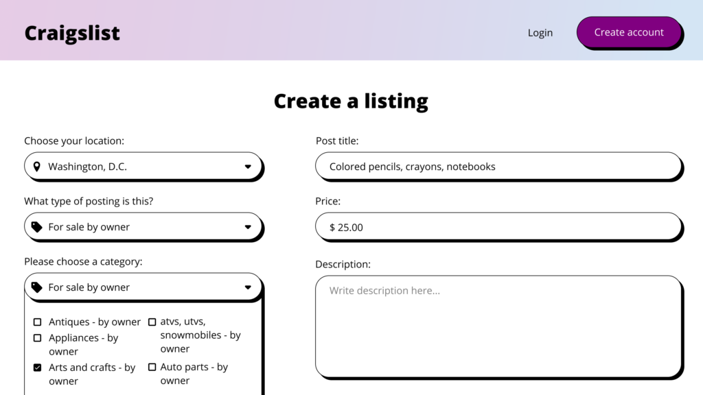 craigslist create a listing wireframe