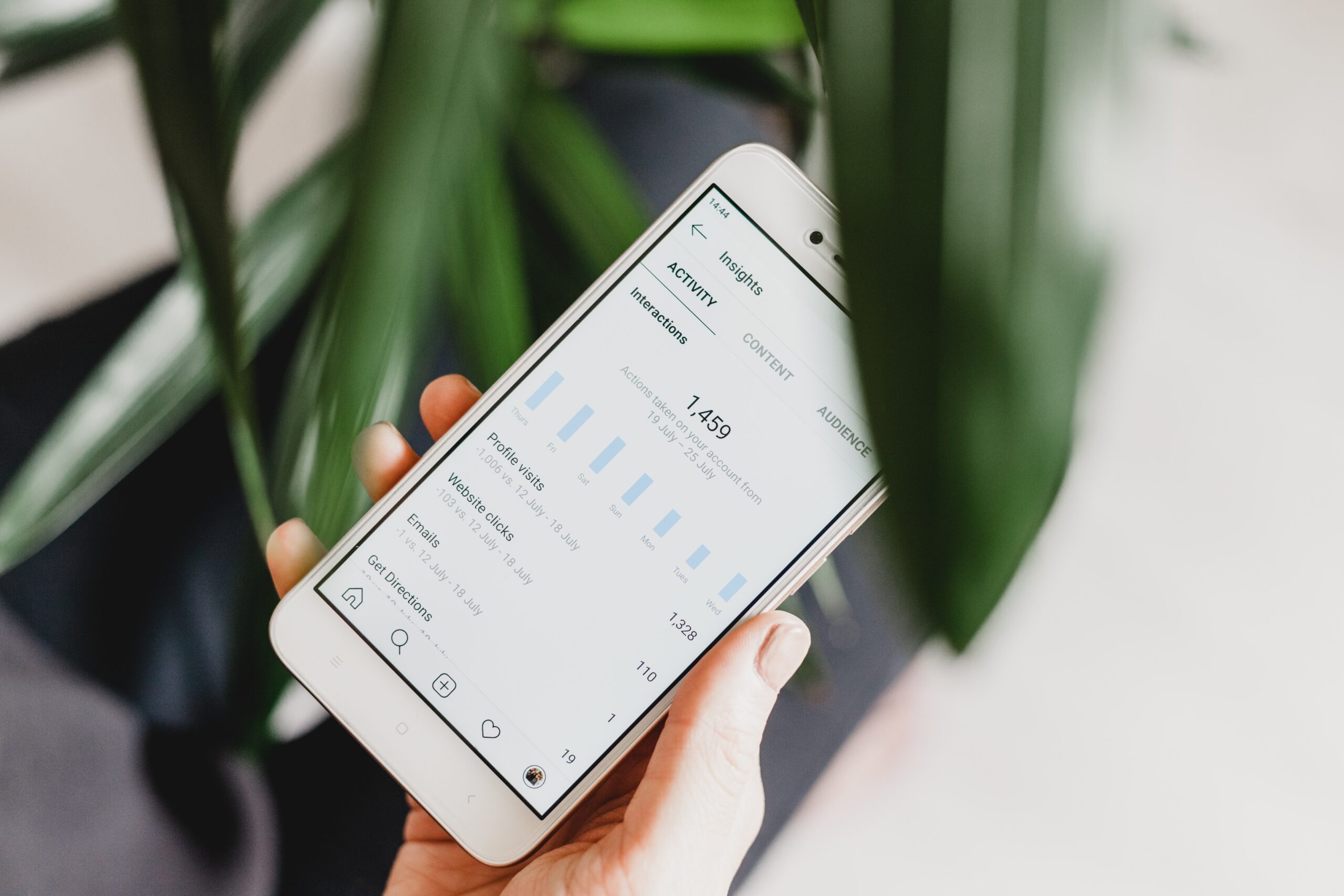 Hand holding a phone displaying analytics